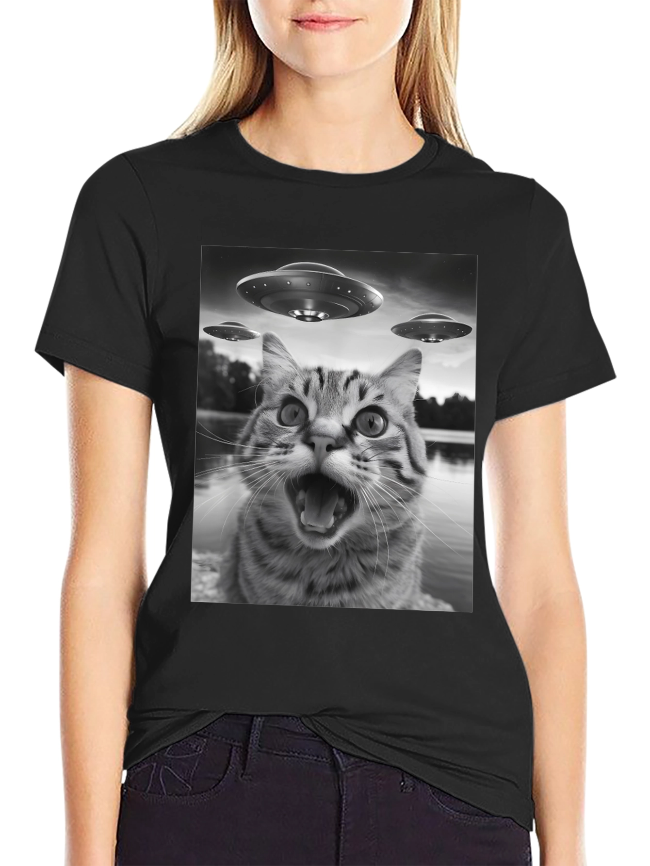 Alien Cat Abduction Black T-Shirt