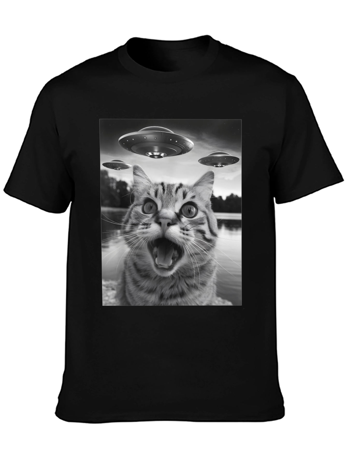 Alien Cat Abduction Black T-Shirt