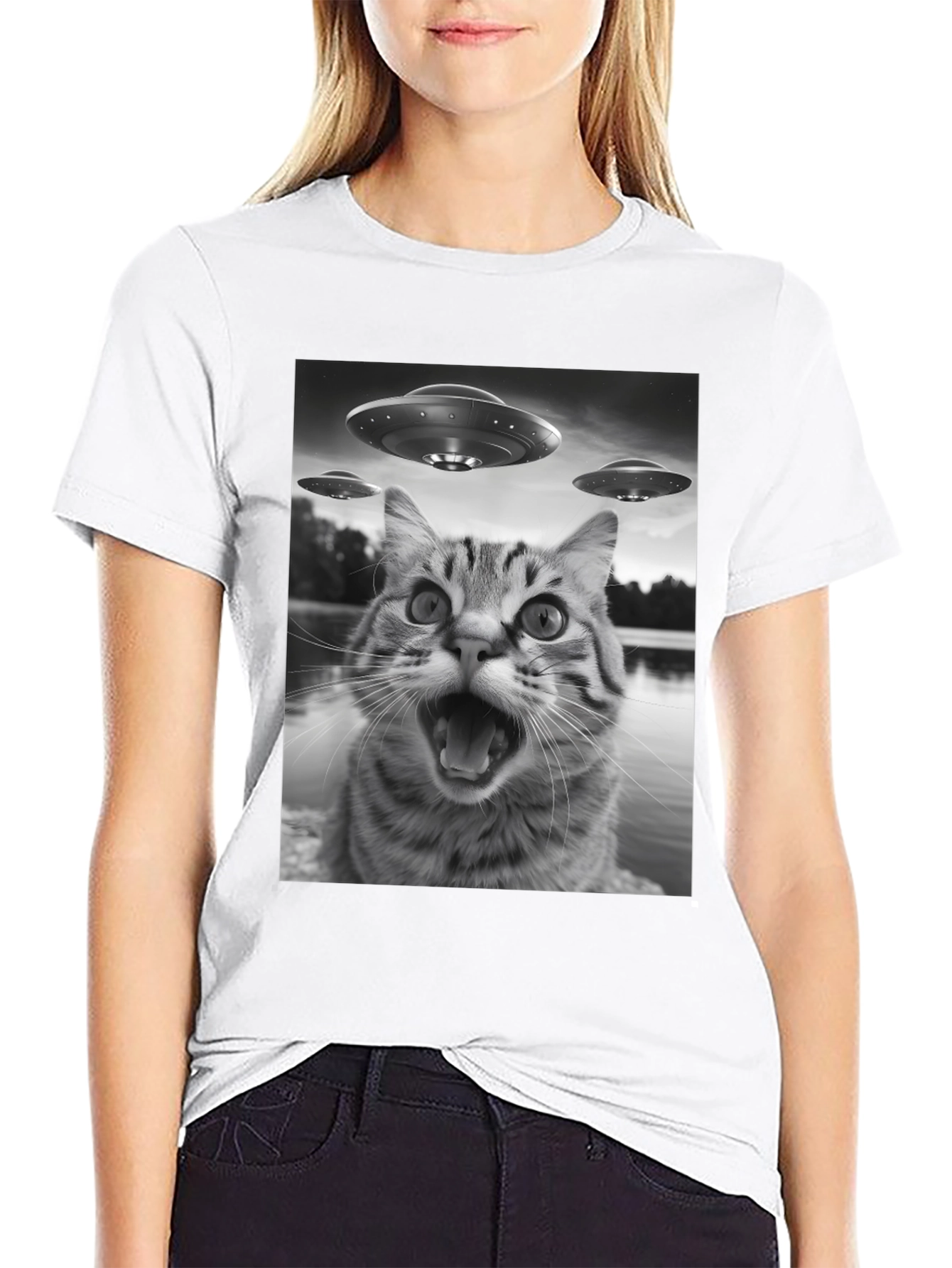 Alien Cat Abduction Black T-Shirt