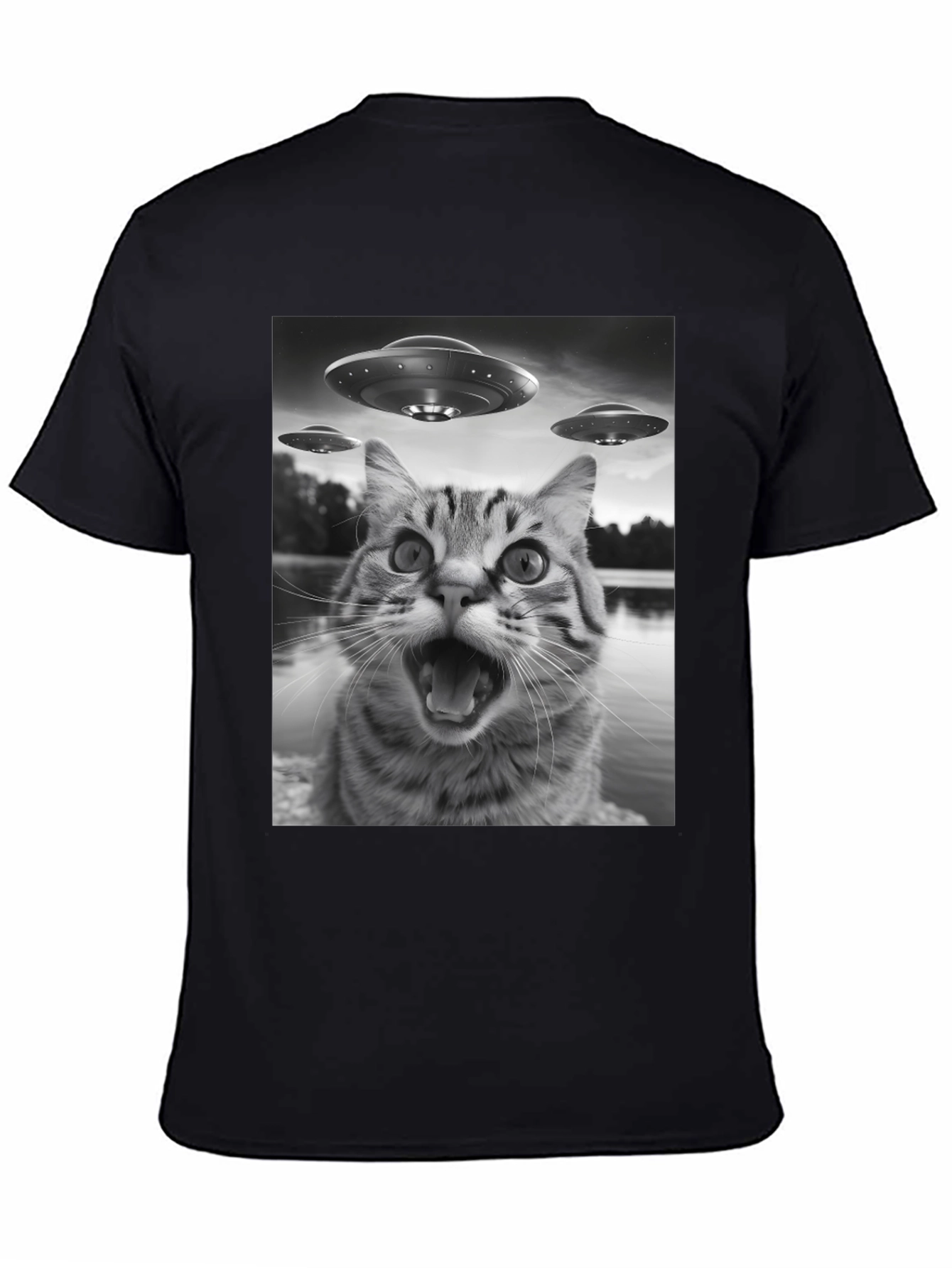Alien Cat Abduction Black T-Shirt