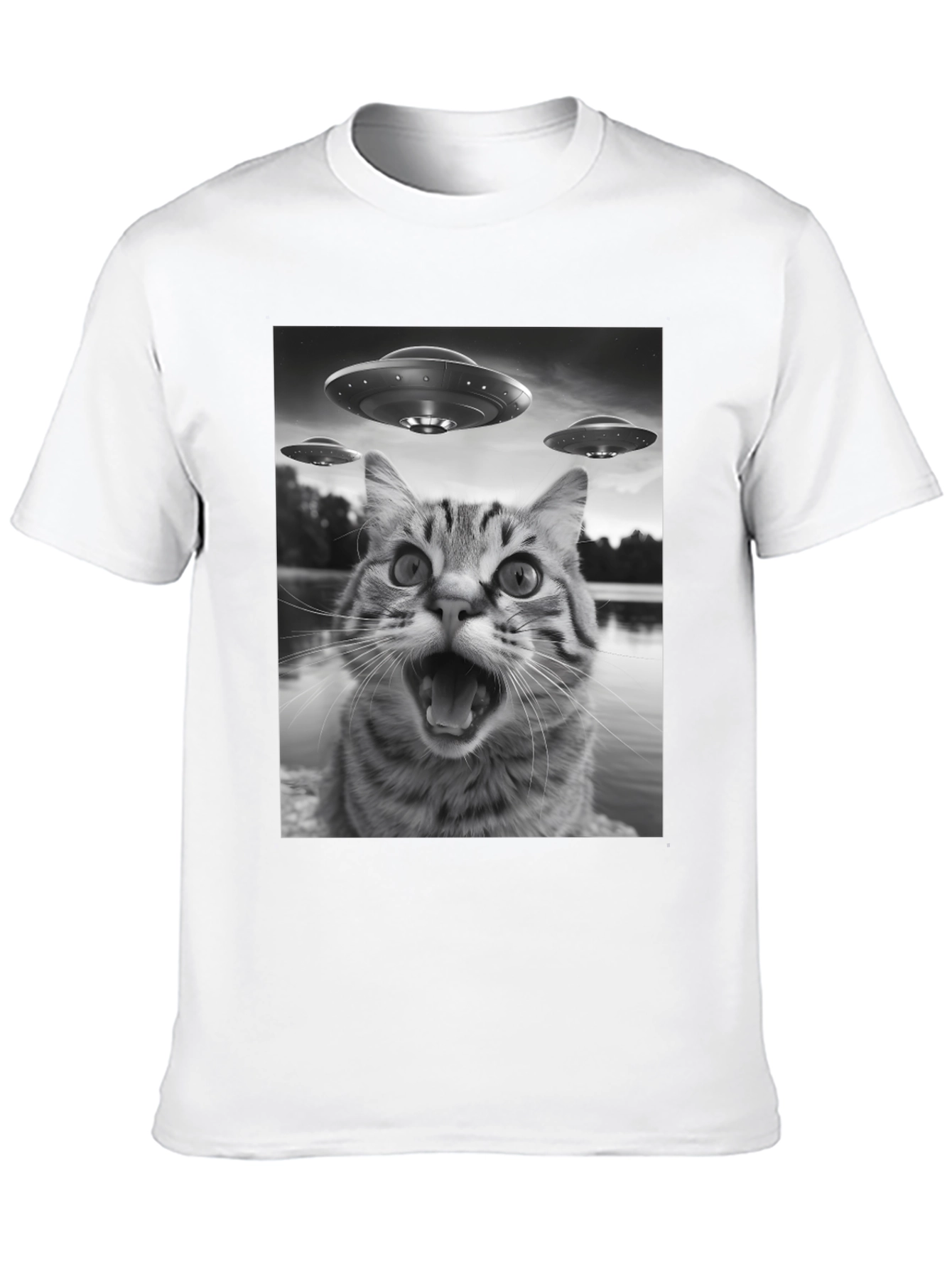Alien Cat Abduction Black T-Shirt