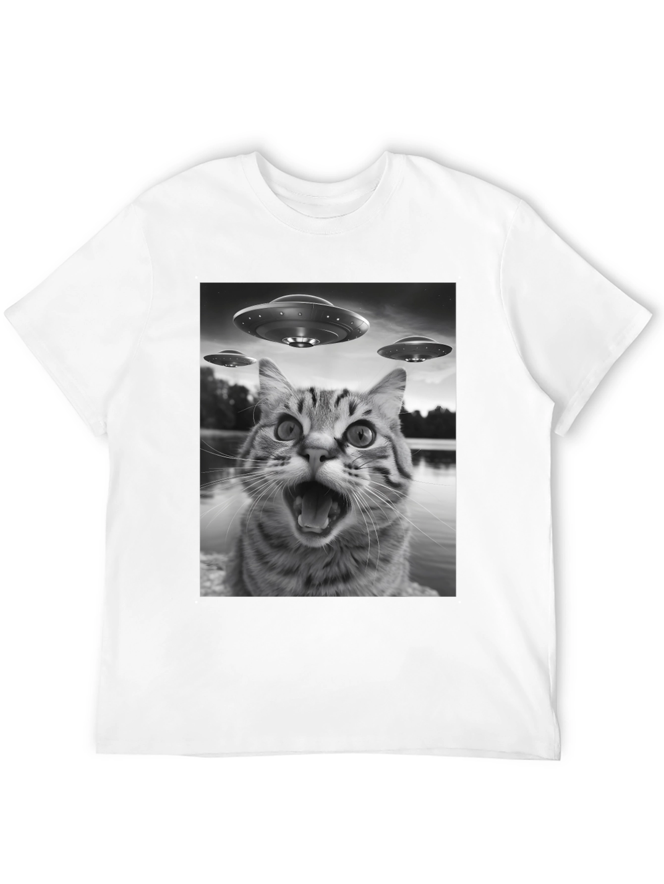 Alien Cat Abduction Black T-Shirt