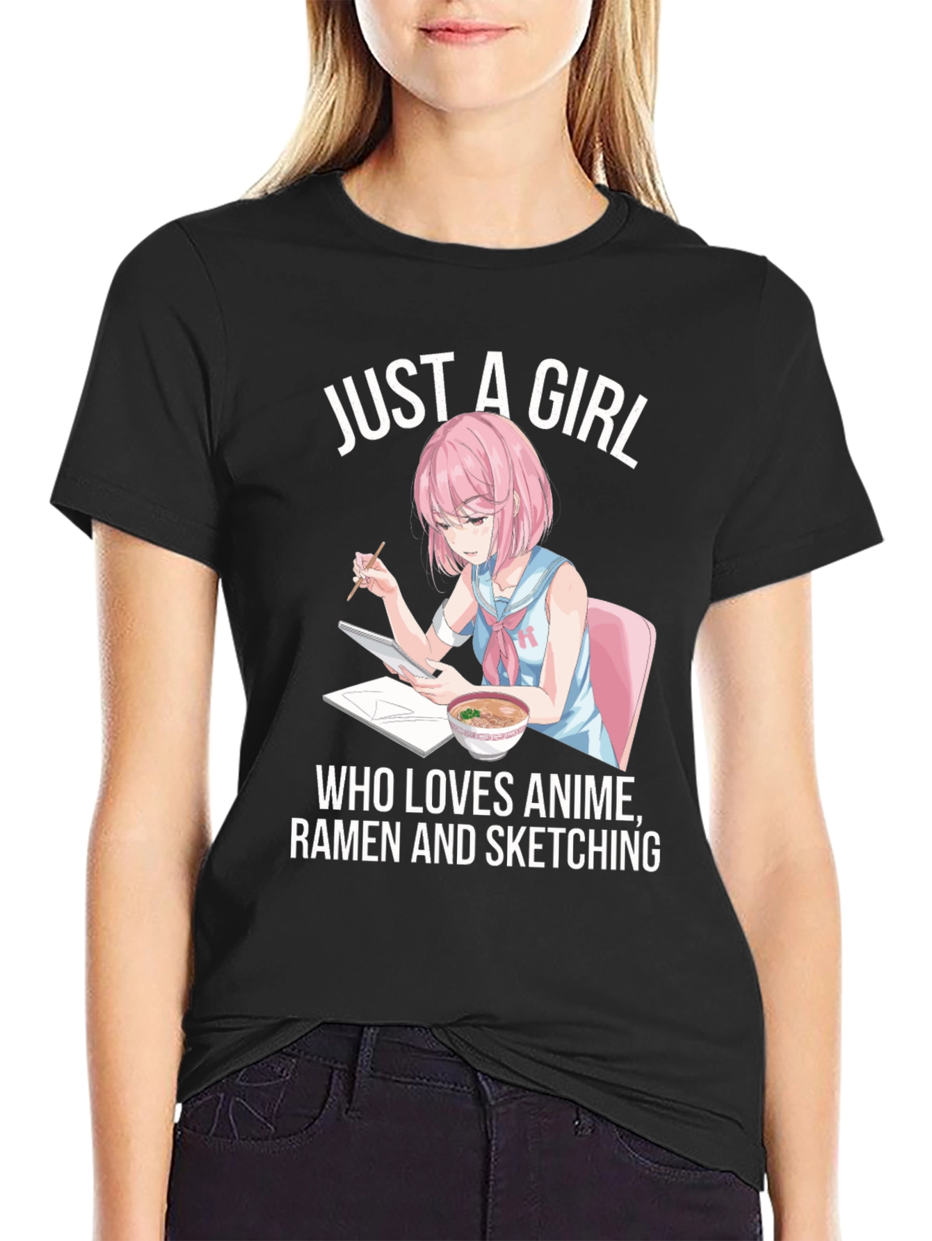 Anime Ramen Sketching Girl Graphic T-Shirt