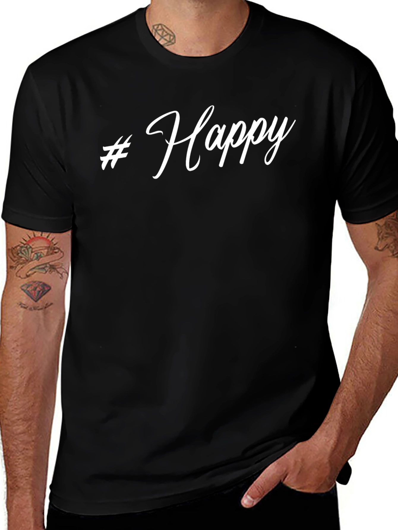 #Happy Black T-Shirt - Casual Style Soft Cotton