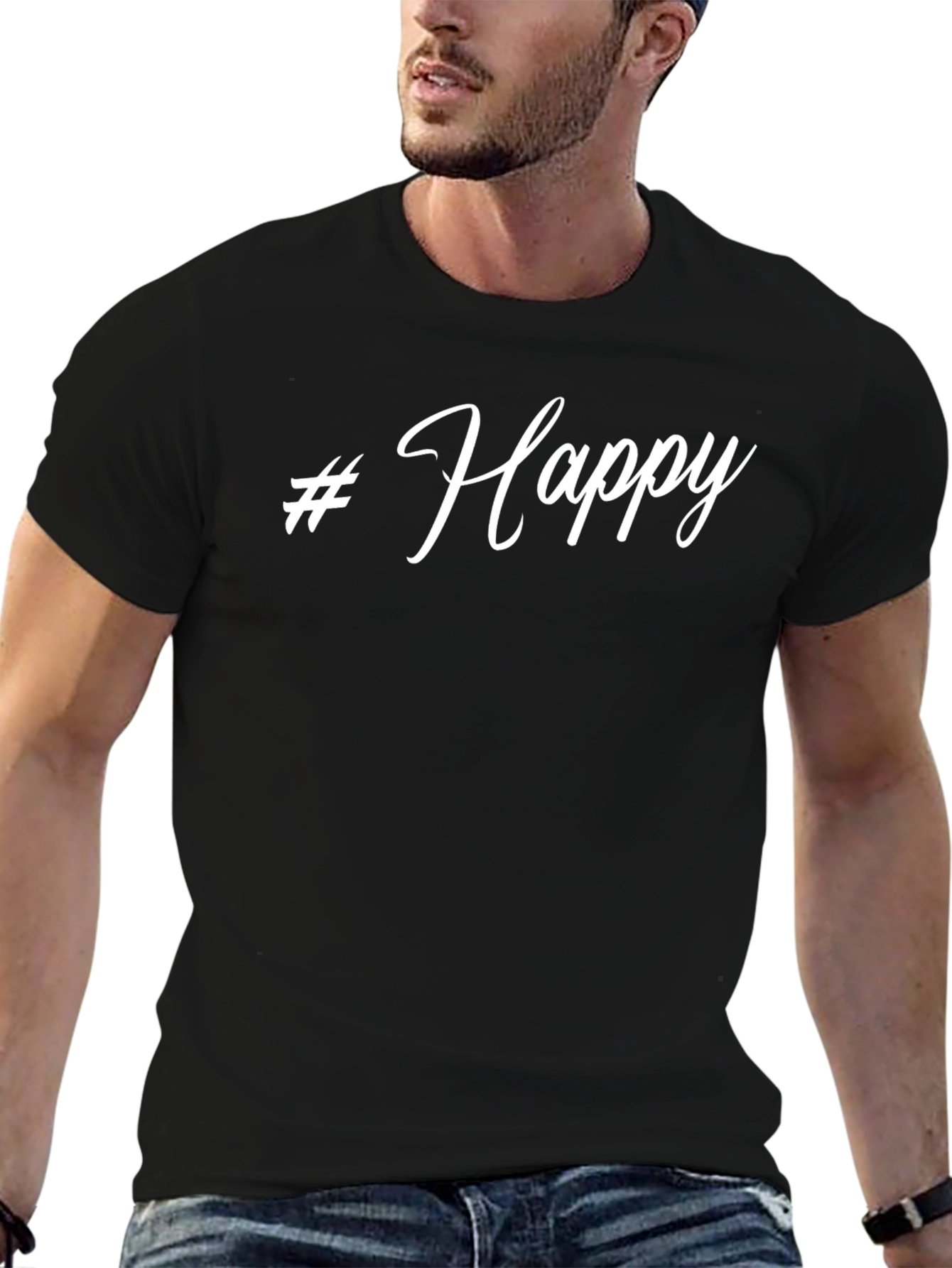 #Happy Black T-Shirt - Casual Style Soft Cotton
