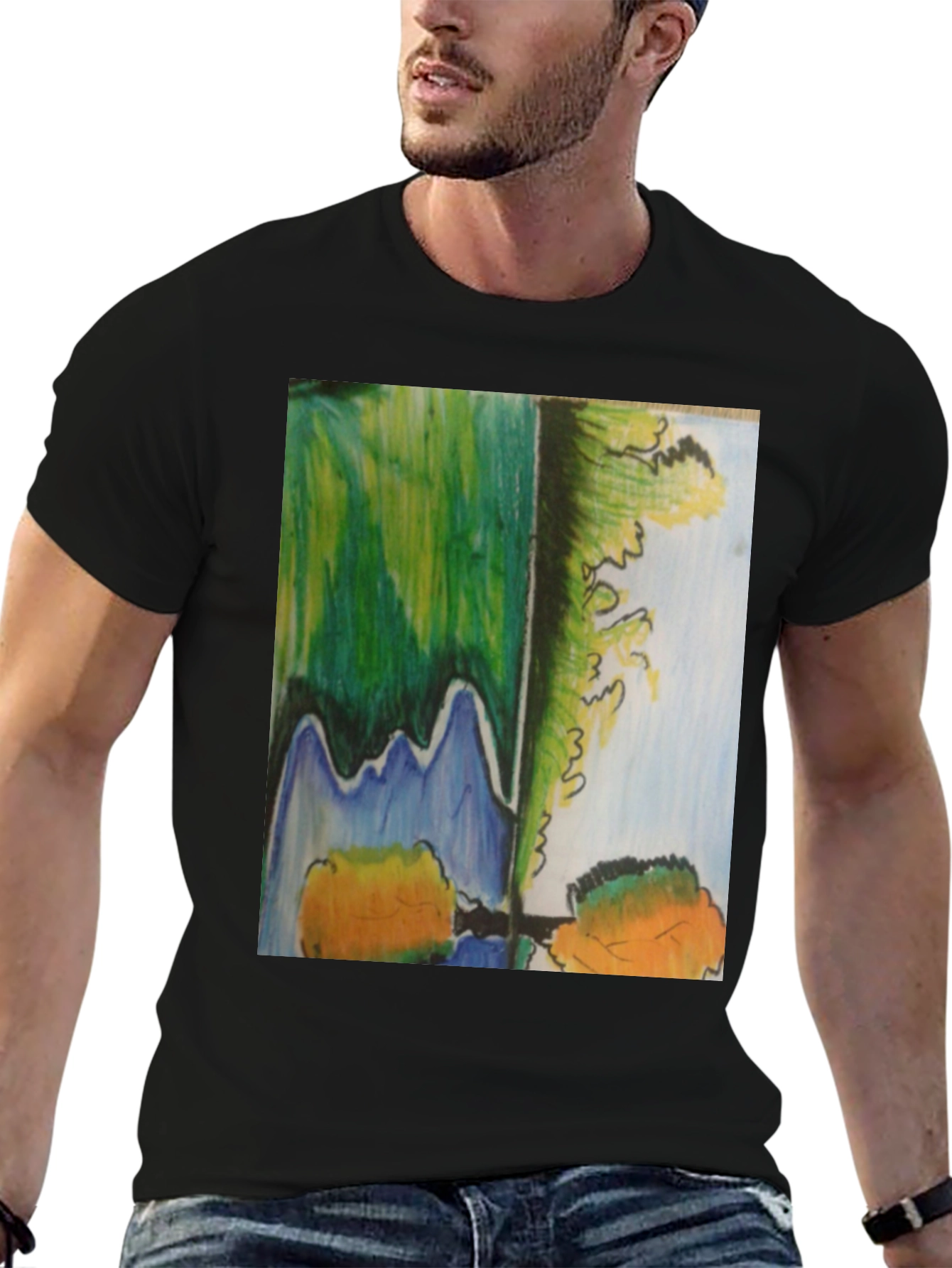 Abstract Landscape Graphic Tee - Mens Black Cotton Blend